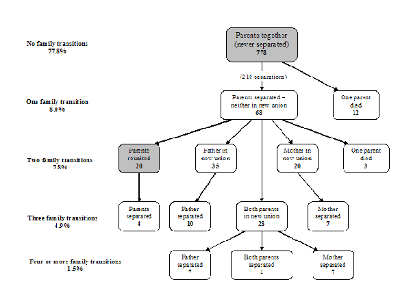 Figure 1.6&nbsp;Family pathways followed since birth and family environment in 1996-97, for 1000 children aged 6-13 years, whose parents were together (married or cohabiting) at their birth, NLSCY, Cycles 1 and 2