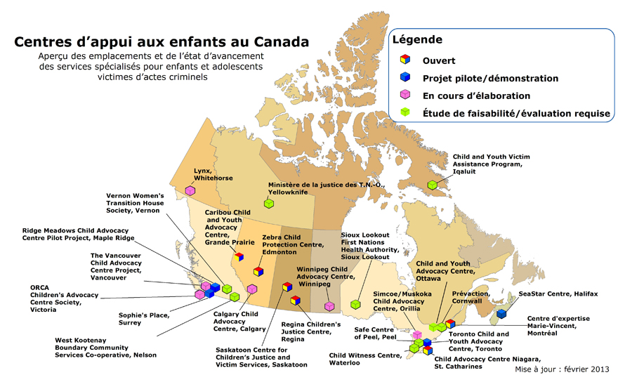 Figure 1&nbsp;: Une carte du Canada illustrant l’emplacement et la situation des Centres d’appui aux enfants au Canada en 2012