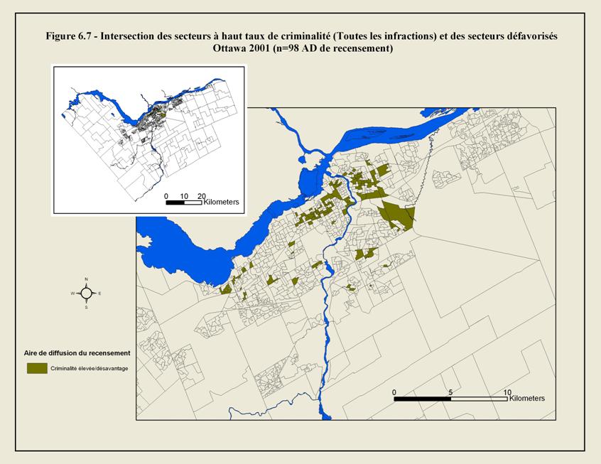 Figure 6.7 - Carte de la ville d&rsquo;Ottawa illustrant les limites des secteurs de diffusion du recensement. Les zones color&eacute;es montrent les secteurs o&ugrave; le taux de crimes g&eacute;n&eacute;raux est &eacute;lev&eacute; et o&ugrave; la population a un faible revenu. Ces secteurs se situent principalement au sud du centre-ville.