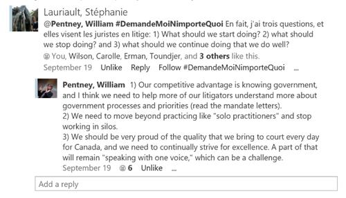 Une capture d&rsquo;&eacute;cran d&rsquo;une conversation qui a eu lieu sur un r&eacute;sau m&eacute;dia social ou une employ&eacute;e a affich&eacute; une question et le Sous-ministre a affich&eacute; une r&eacute;plique.